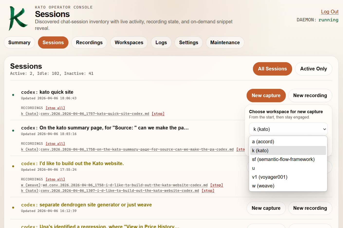 Kato operator console sessions view showing session inventory, recording state, and session actions.
